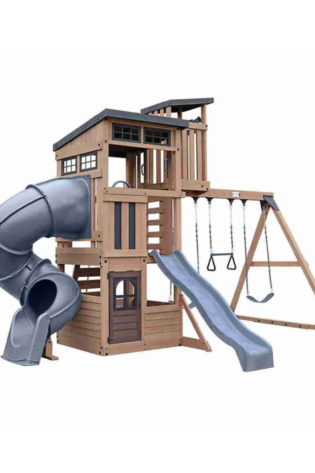 Gorilla Skyline Lookout Wooden Swing Set with Dual Slides, Climbing Wall, Fort, Swings and Trapeze, Outdoor Playset for Kids Ages 3 to 11