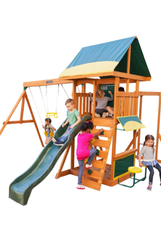KidKraft Brightside Wooden Swing Set with High-Rail Wave Slide, Rock Wall, Upper Clubhouse, Monkey Bars, Sandbox and Belt Swings, Outdoor Backyard Playset for Kids Ages 3 to 10