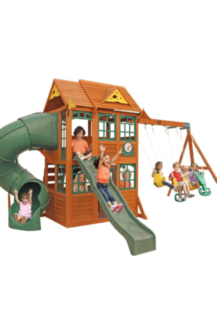 KidKraft Charleston Lodge Wooden Swing Set / Playset – Outdoor Playhouse with Slides, Swings, Rock Wall and Clubhouse, Age 3-10