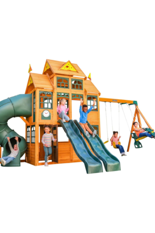 KidKraft Falcon Ridge Wooden Swing Set / Playset – Outdoor Playhouse with Slides, Swings, Rock Wall, Clubhouse, and Deluxe Kitchen for Kids Age 3-10 Years