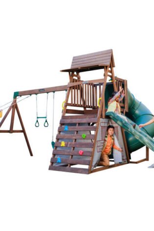 KidKraft Ranger Retreat Wooden Swing Set with Tent, Tube Slide and 3 Swings, Outdoor Playset for Kids Ages 3 to 10, Rock Wall Climbing, Crow’s Nest and Acrobar, Durable Wood...