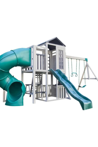 KidKraft Silver Sands Wooden Swing Set with Slides, Swings, Acrobar, Clubhouse and Picnic Table, Outdoor Playset for Kids Ages 3–10