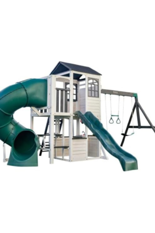 KidKraft Wrangler Way Swing Set / Two-Story Clubhouse Playset with Slides, Swings, Acrobar and Play Kitchen, Wooden Outdoor Swing Set for Kids Ages 3 to 10