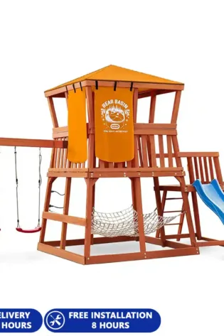 Little Tikes Real Wood Adventures Bear Basin Outdoor Playset, Wooden Backyard Playground with Swings, Slide, Clubhouse, Cargo Net & Lookout Tower, Ages 3+, Play Sets &...